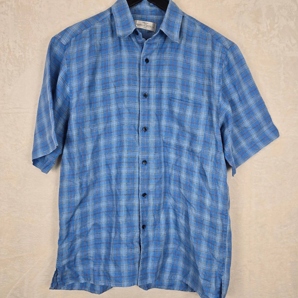 Marks & Spencer M S Mensโ Blue Plaid 100% Linen Short Sleeve Button Down Shirt M